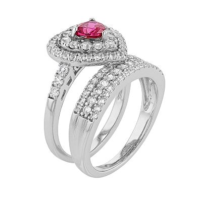 Sterling Silver Lab-Created Ruby & Lab-Created White Sapphire Heart Engagement Ring Set
