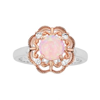 10k Rose Gold Over Silver Lab-Created Pink Opal & Lab-Created White Sapphire Flower Ring