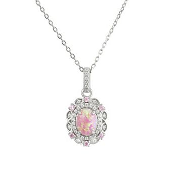 Argento Forte Sterling Silver Cubic Zirconia & Pink Simulated Opal Halo Pendant Necklace