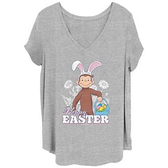 Juniors' Plus Size Curious George Hoppy Easter Flowers Graphic Tee