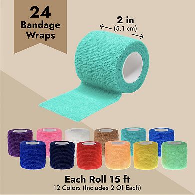 24-rolls Of Colorful Medical Self Adhesive Bandage Wrap, Breathable Cohesive Vet Tape (12 Colors)