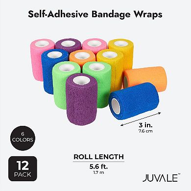 12 Pack Self Adherent Bandage Wrap Cohesive Tape for People, Pets, 3" x 6 Yards