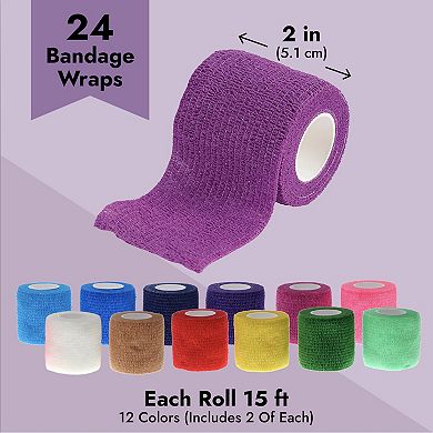 24 Rolls Stretch Bandage Wrap, 2 Inch X 5 Yards Cohesive Vet Tape, 12 Colors