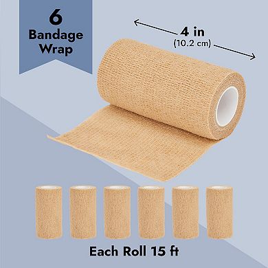 6-Rolls Tan Self Adhesive Bandage Wrap, Vet Tape, Medical Tape (4 In x 5 Yds)