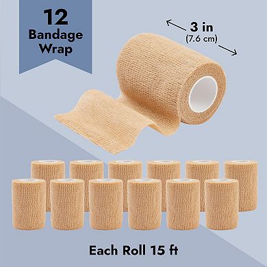12-Rolls Tan Self Adherent Bandage Wrap, Vet Tape, Medical Tape (3 In x 5 Yds)