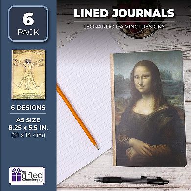 6 Pack A5 Leonardo da Vinci Soft Cover Travel Journals Lined Notebook, 8.25x5.5"