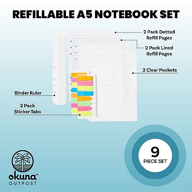 Okuna Outpost A5 Binder Inserts with Dotted Paper, Lined Paper, Zip Envelope, 3-Pocket Bag, 320 Note Flag Tabs, Ruler Marker for 6-Ring Notebook