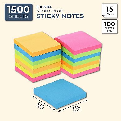 15Pcs Neon Assorted Colors Note Pads 3" x 3" 100 Sheet for School Office Home