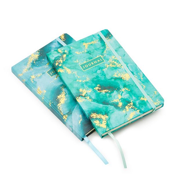 Paper Junkie 2 Pack Marble Hardcover Journals 5.5" x 8" Lined Lay Flat Notebooks (Teal with Gold