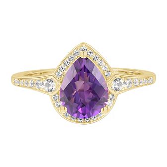 14k Gold Over Silver Amethyst & Lab-Created White Sapphire Teardrop Halo Ring