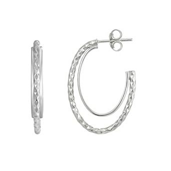 Argento Forte Sterling Silver Double Row Diamond Cut Post Hoop Earrings