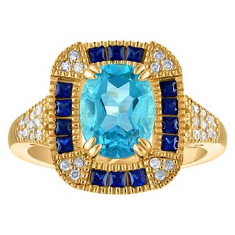 Tiara 14k Gold Plated Sterling Silver Blue Topaz & 1/6 Carat T.W. Diamond Ring