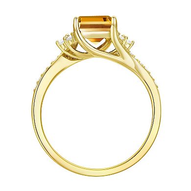 14k Gold Over Silver Emerald-Cut Citrine & Lab-Created White Sapphire Ring