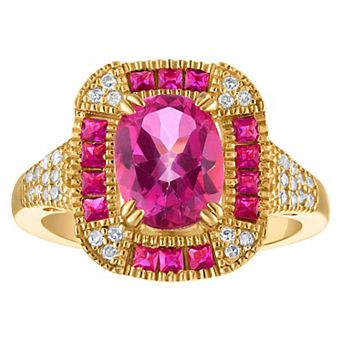 Tiara 14k Gold Plated Sterling Silver Pink Topaz & 1/6 Carat T.W. Diamond Ring