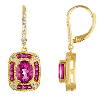 Tiara 14k Gold Plated Sterling Silver Pink Topaz & 1/10 Carat T.W. Diamond Leverback Earrings