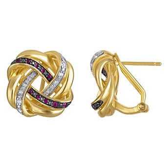 Tiara 14k Gold Plated Sterling Silver Ruby & 1/8 Carat T.W. Diamond Love Knot Earrings