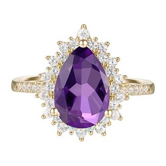 14k Gold Over Silver Amethyst & Lab-Created White Sapphire Elegant Teardrop Halo Ring