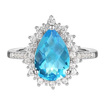Sterling Silver Blue Topaz, Lab-Created White Sapphire Solitaire Ring