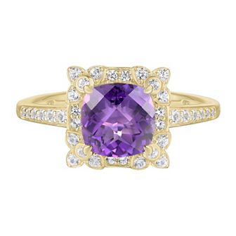 14k Gold Over Silver Amethyst & Lab-Created White Sapphire Square Halo Ring