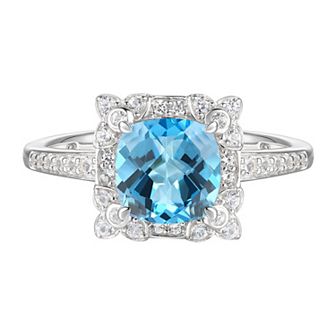 Sterling Silver Blue Topaz, Lab-Created White Sapphire Solitaire Ring