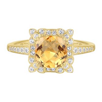 14k Gold Over Silver Citrine, Lab-Created White Sapphire Square Halo Ring