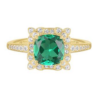 14k Gold Over Silver Lab-Created Emerald, Lab-Created White Sapphire Solitaire Ring