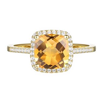 14k Gold Over Silver Citrine, Lab-Created White Sapphire Cushion Halo Ring