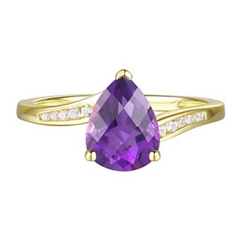 14k Gold Over Silver Pear-Cut Amethyst & Lab-Created White Sapphire Bypass Ring