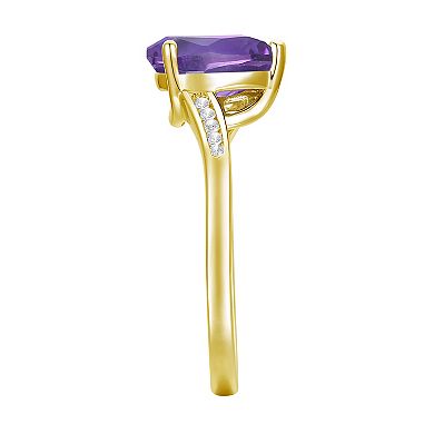14k Gold Over Silver Pear-Cut Amethyst & Lab-Created White Sapphire Bypass Ring