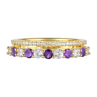 14k Gold Over Silver Ring with Alternating Amethyst & Lab-Created White Sapphires
