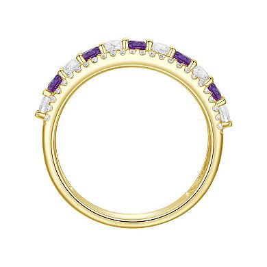 14k Gold Over Silver Ring with Alternating Amethyst & Lab-Created White Sapphires