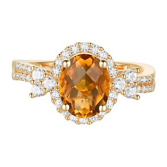 14k Gold Over Silver Oval-Cut Citrine & Lab-Created White Sapphire Halo Ring