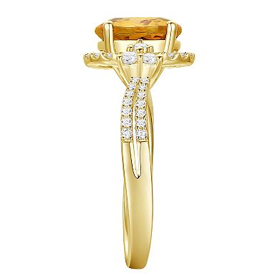 14k Gold Over Silver Oval-Cut Citrine & Lab-Created White Sapphire Halo Ring