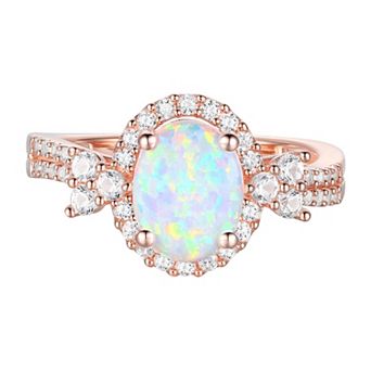 MASTERPIECE 14k Rose Gold Over Silver Lab-Created Opal & Lab-Created White Sapphire Oval Halo Ring