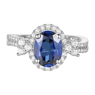 Sterling Silver Lab-Created Blue & White Sapphire Oval Halo Ring