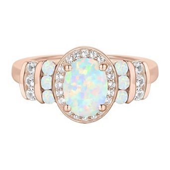 MASTERPIECE 14k Rose Gold Over Silver Lab-Created Opal & Lab-Created White Sapphire Oval Halo Ring