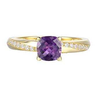 14k Gold Over Silver Checkerboard Cushion-Cut Amethyst & Lab-Created White Sapphire Ring