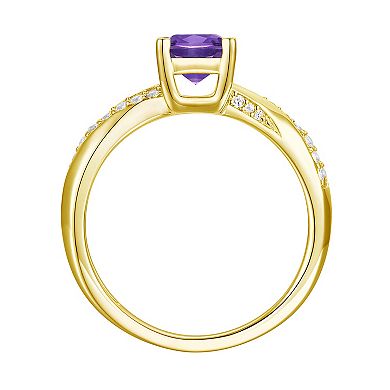 14k Gold Over Silver Checkerboard Cushion-Cut Amethyst & Lab-Created White Sapphire Ring