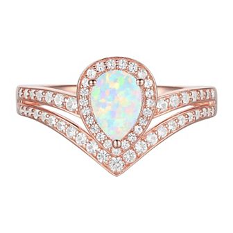 14k Rose Gold Over Silver Lab-Created Opal Teardrop & Lab-Created White Sapphire Chevron Ring