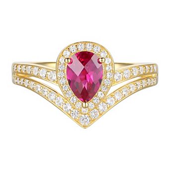 MASTERPIECE 14k Gold Over Silver Lab-Created Ruby Teardrop & Lab-Created White Sapphire Chevron Ring