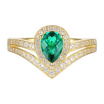 14k Gold Over Silver Lab-Created Emerald Teardrop & Lab-Created White Sapphire Chevron Ring