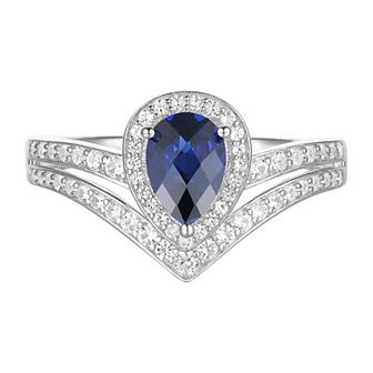 Sterling Silver Lab-Created Blue & white Sapphire Teardrop & Chevron Ring