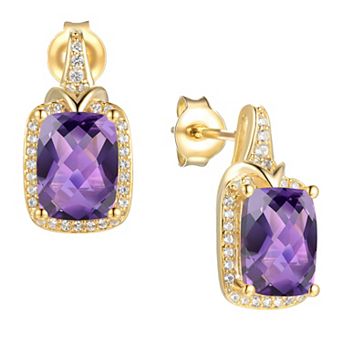 MASTERPIECE 14k Gold Over Sterling Silver Amethyst & Lab-Created White Sapphire Rectangle Halo Stud Earrings