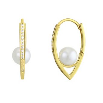 Argento Forte 14K Gold over Sterling Silver CZ & Simulated Pearl Huggie Hoop Earrings