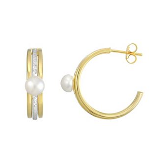 Argento Forte Two Tone Sterling Silver Freshwater Cultured Pearl Half Hoop Earrings