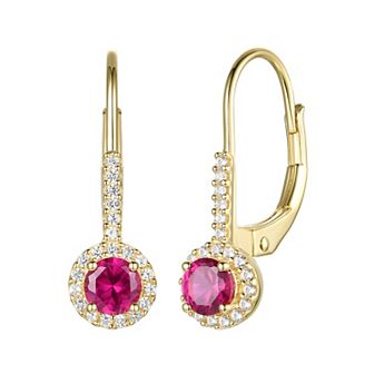 Flash-Plated 14k Gold Lab-Created Ruby Leverback Halo Earrings