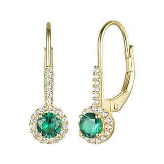 Flash-Plated 14k Gold Lab-Created Emerald Leverback Halo Earrings