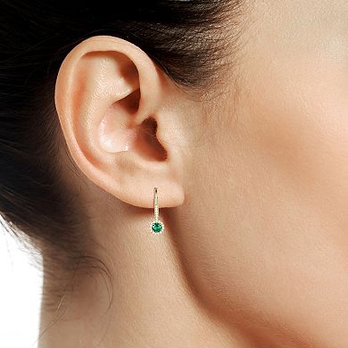 Flash-Plated 14k Gold Lab-Created Emerald Leverback Halo Earrings