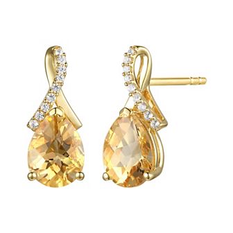 Flash-Plated 14k Gold Citrine & Lab-Created White Sapphire Teardrop Ribbon Stud Earrings