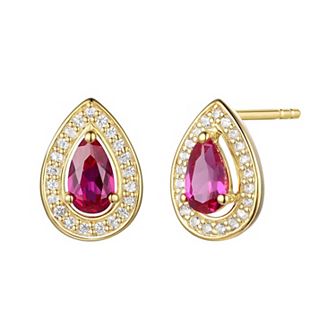 Flash-Plated 14k Gold Lab-Created Ruby Teardop Halo Stud Earrings
